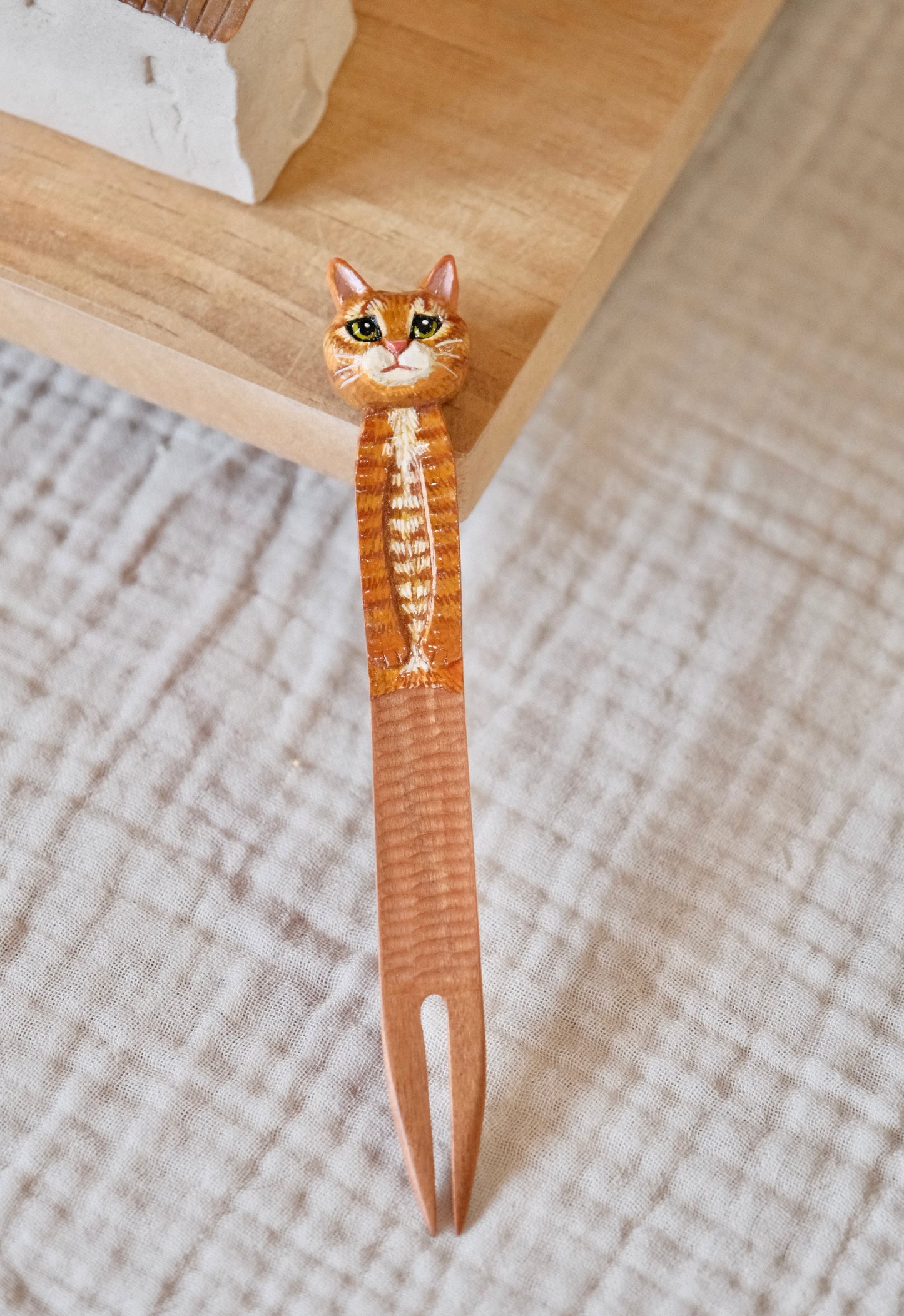 Artisans-HITO MIKO Handmade Cherry Wood Handmade Cat themed 6'' Dessert Fork #3