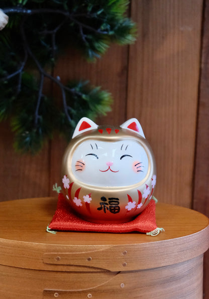 Lucky Daruma Golden Cat with Cherry Blossom Piggy bank Medium (Gift Box)