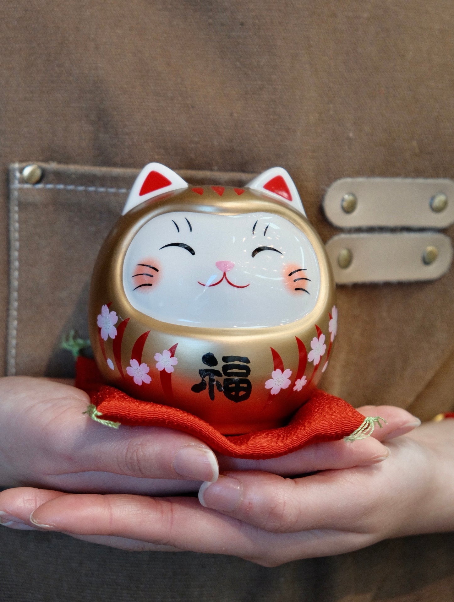 Lucky Daruma Golden Cat with Cherry Blossom Piggy bank Medium (Gift Box)