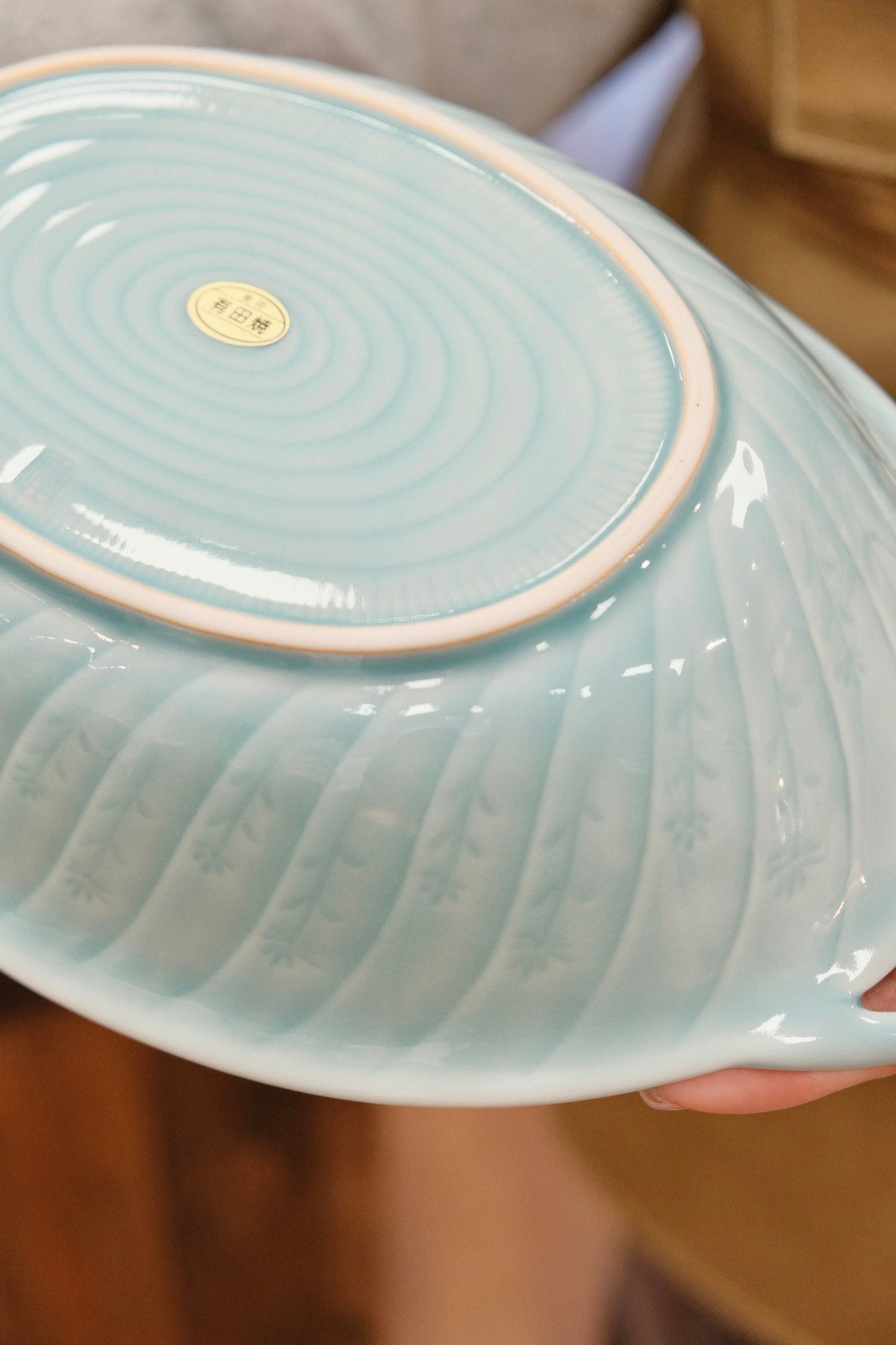 Arita yaki Handmade Celadon Oval Handle Bowl