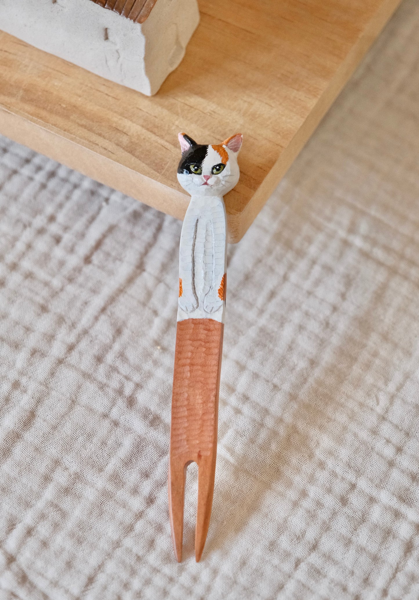 Artisans-HITO MIKO Handmade Cherry Wood Handmade Cat themed 6'' Dessert Fork #1