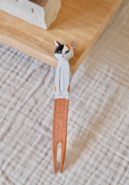 Artisans-HITO MIKO Handmade Cherry Wood Handmade Cat themed 6'' Dessert Fork #1