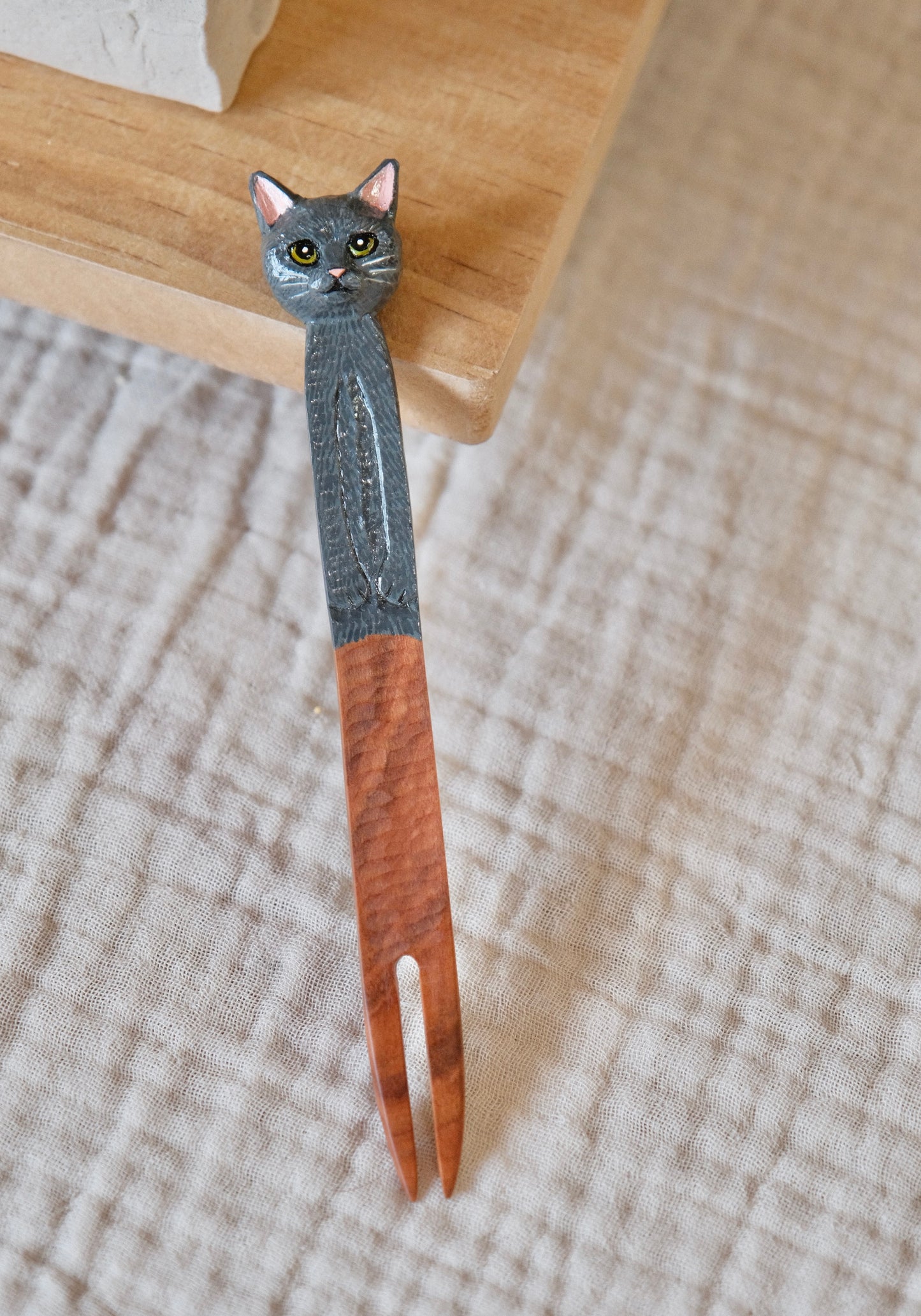 Artisans-HITO MIKO Handmade Cherry Wood Handmade Cat themed 6'' Dessert Fork #4