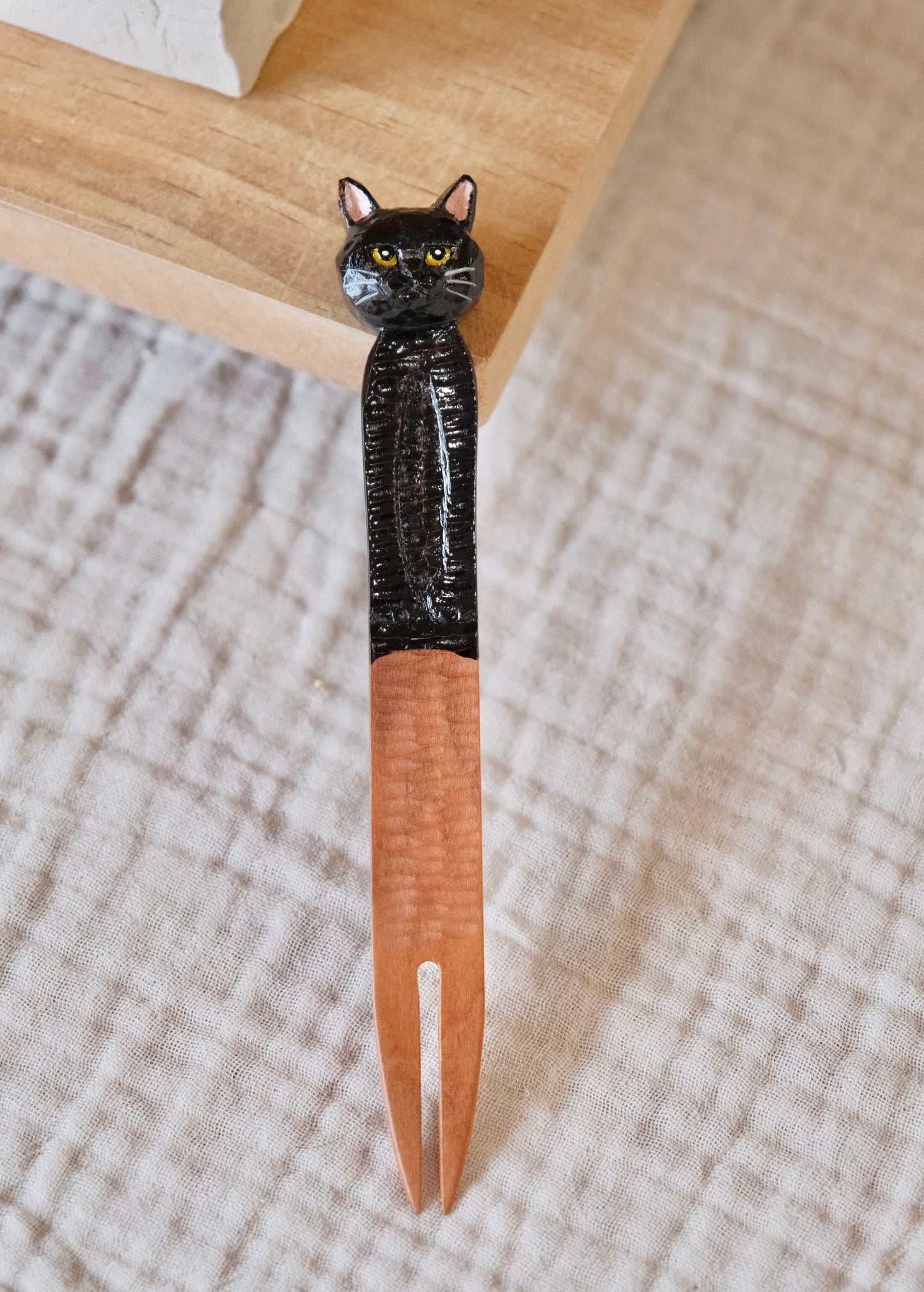 Artisans-HITO MIKO Handmade Cherry Wood Handmade Cat themed 6'' Dessert Fork #6