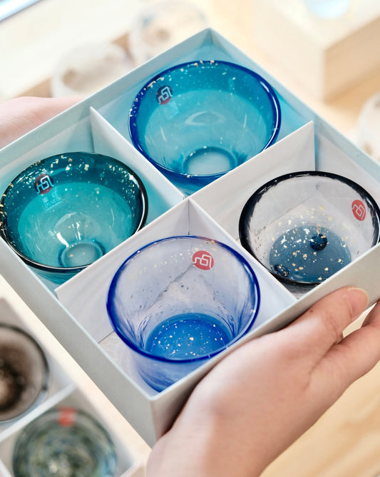 Tsugaru Handblown Sake Cup Set-Blue Ocean 4pcs Set(Gift Set)