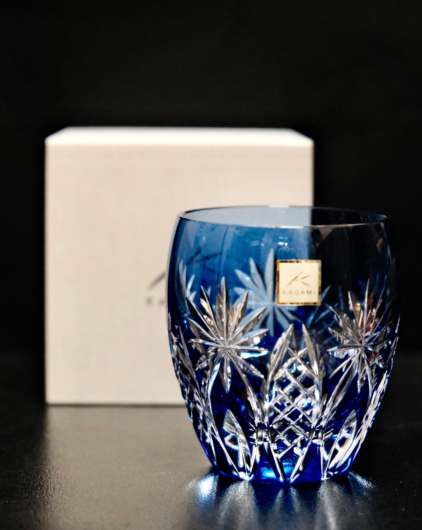 [KAGAMI CRYSTAL] | EDO KIRIKO | "BAMBOO FENCE & STAR" Whiskey Glass (Blue)