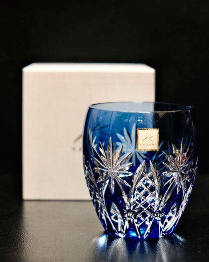 [KAGAMI CRYSTAL] | EDO KIRIKO | "BAMBOO FENCE & STAR" Whiskey Glass (Blue)