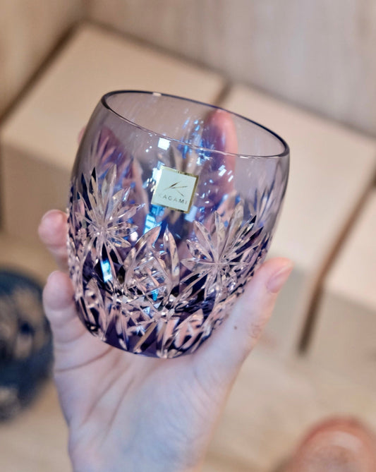 [KAGAMI CRYSTAL] | EDO KIRIKO | "BAMBOO FENCE & STAR" Whiskey Glass (Purple)