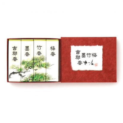 香彩堂-Kousaido Incense A luxurious box containing a set of four different incense types (Koto, Sumi, Take, and Ume), with 15 sticks each.