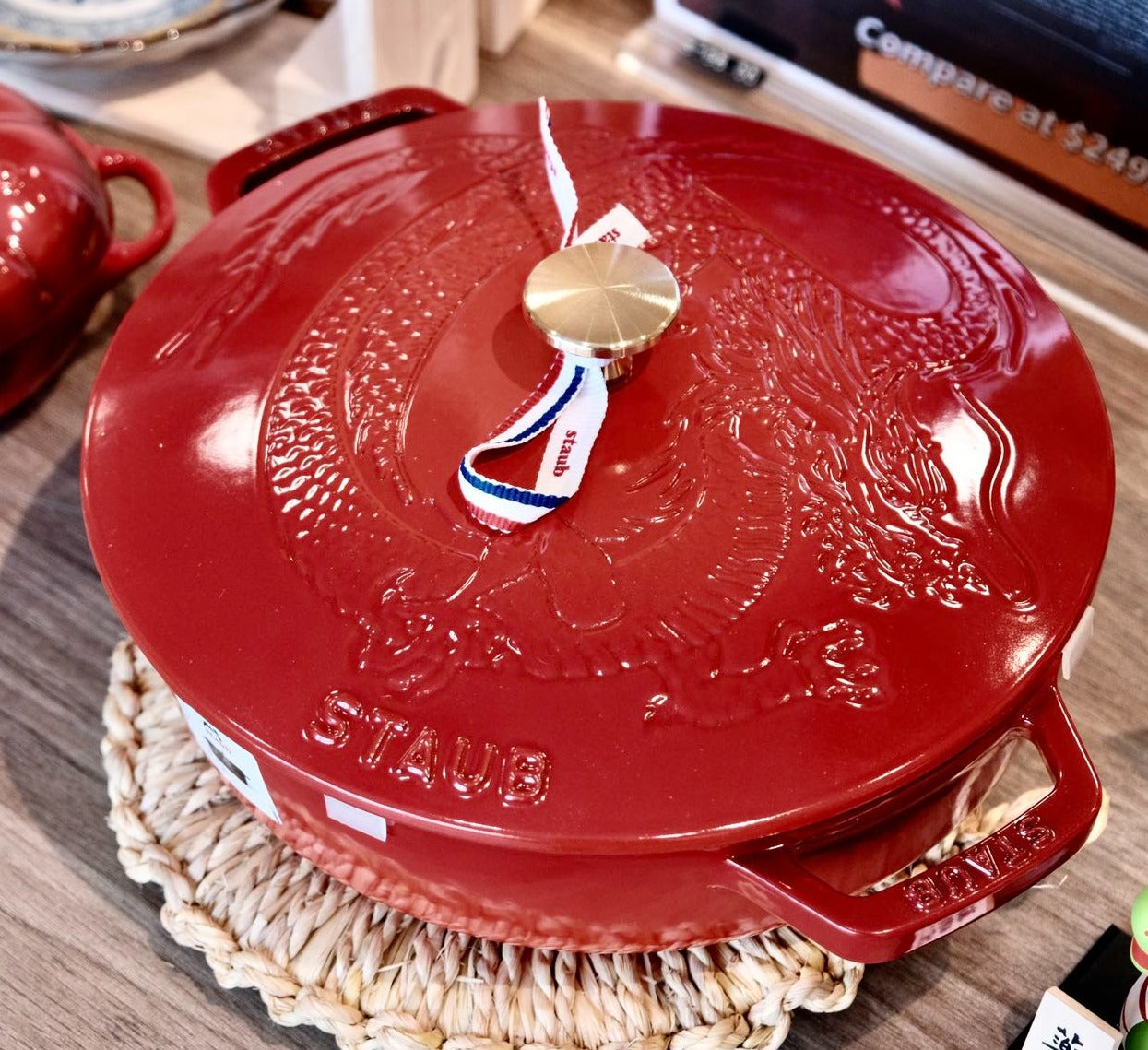 Staub Enameled Cast Iron Braiser with Dragon Lid, 2 1/2-Qt. In Cherry Red（Golden knob）