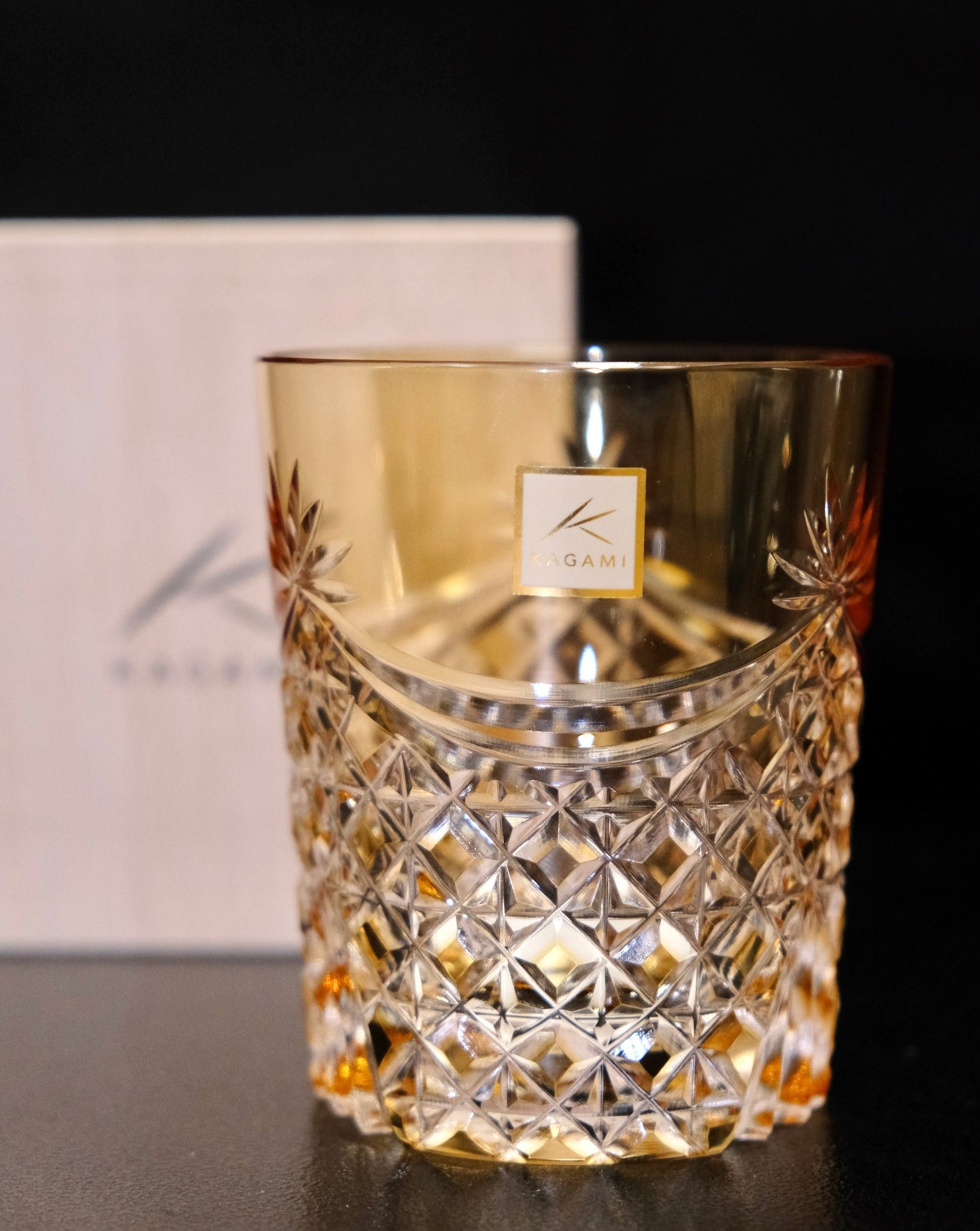 [KAGAMI CRYSTAL] Whiskey Glass DRAPE & TETRAGONAL BASKET WEAVE (YELLOW ) | EDO KIRIKO | KAGAMI CRYSTAL