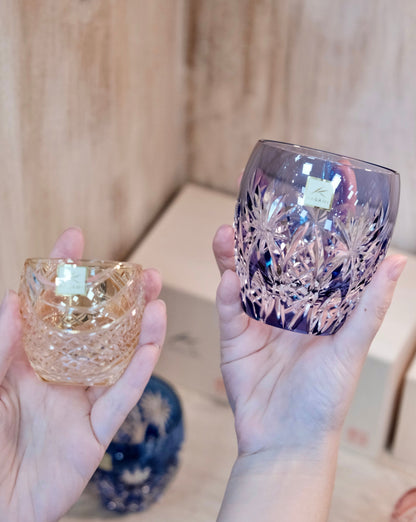 [KAGAMI CRYSTAL] | EDO KIRIKO | "BAMBOO FENCE & STAR" Whiskey Glass (Purple)