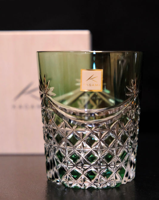 [KAGAMI CRYSTAL] Whiskey Glass DRAPE & TETRAGONAL BASKET WEAVE (GREEN) | EDO KIRIKO | KAGAMI CRYSTAL