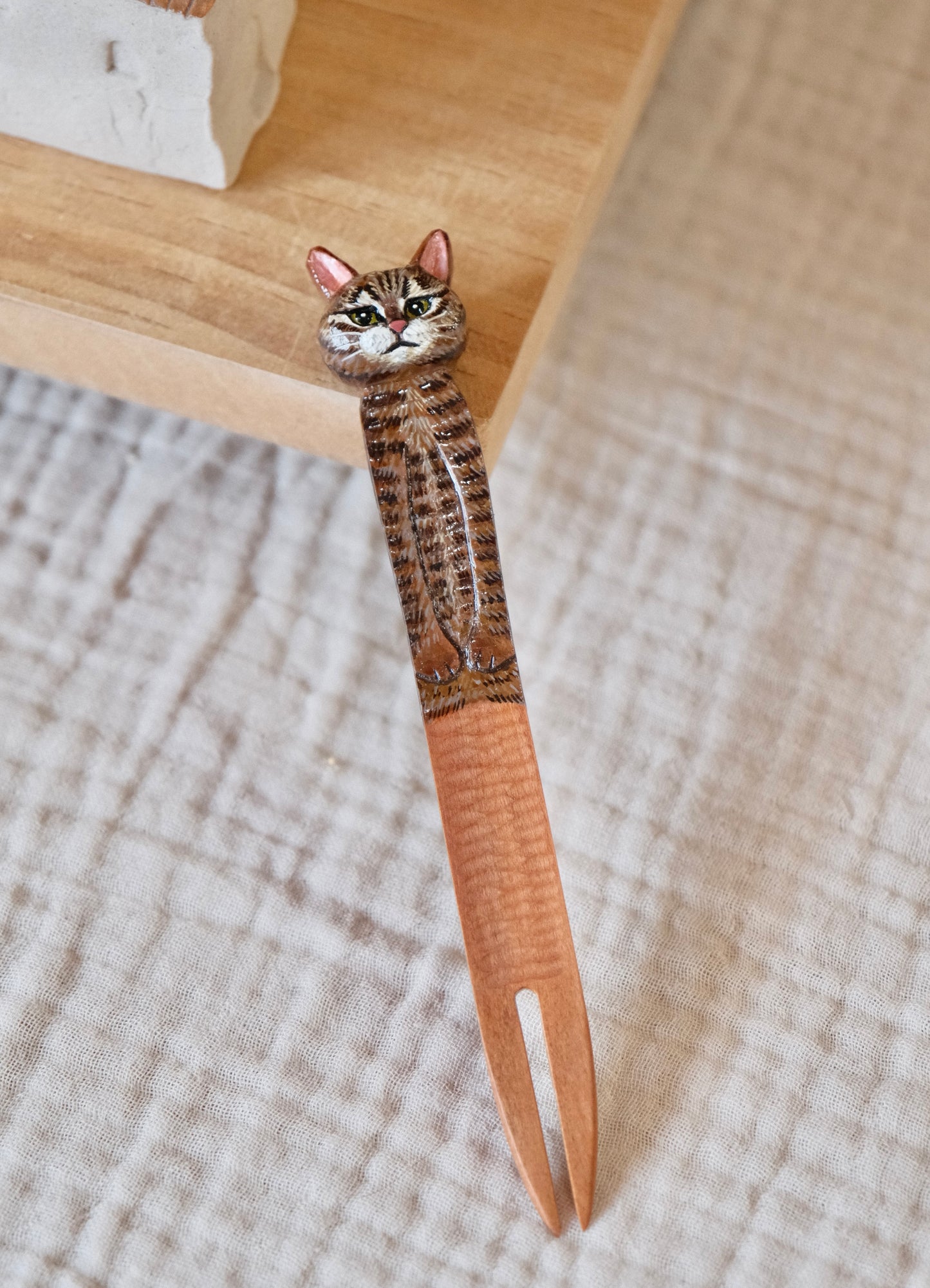 Artisans-HITO MIKO Handmade Cherry Wood Handmade Cat themed 6'' Dessert Fork #2