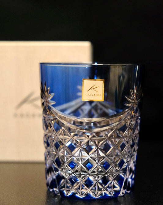 [KAGAMI CRYSTAL] Whiskey Glass DRAPE & TETRAGONAL BASKET WEAVE (BLUE) | EDO KIRIKO | KAGAMI CRYSTAL