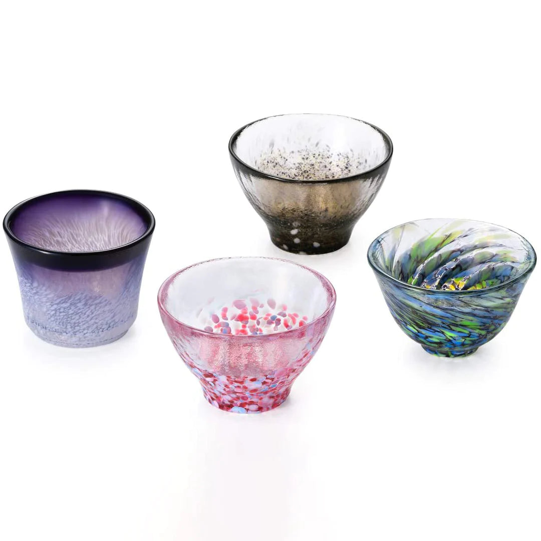 Tsugaru Handblown Sake Cup Set-The Seafood Delight Of Aomori 4pcs Set(Gift Set)