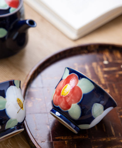 Arita Ware Handcraft Blue Red Flower Tea set (Wooden Gift Box)