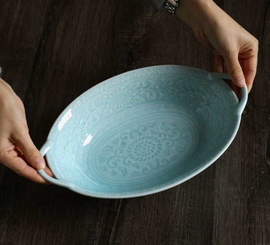 Arita yaki Handmade Celadon Oval Handle Bowl