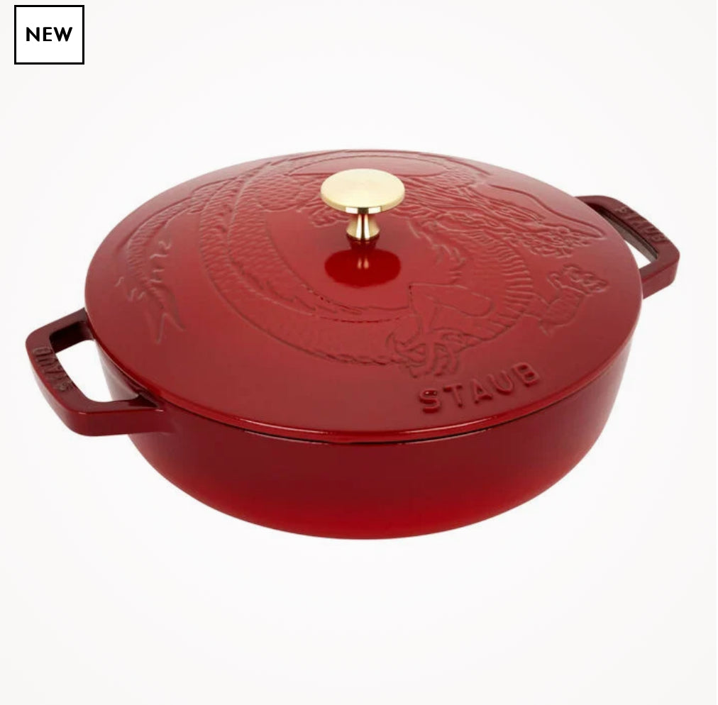 Staub Enameled Cast Iron Braiser with Dragon Lid, 2 1/2-Qt. In Cherry Red（Golden knob）