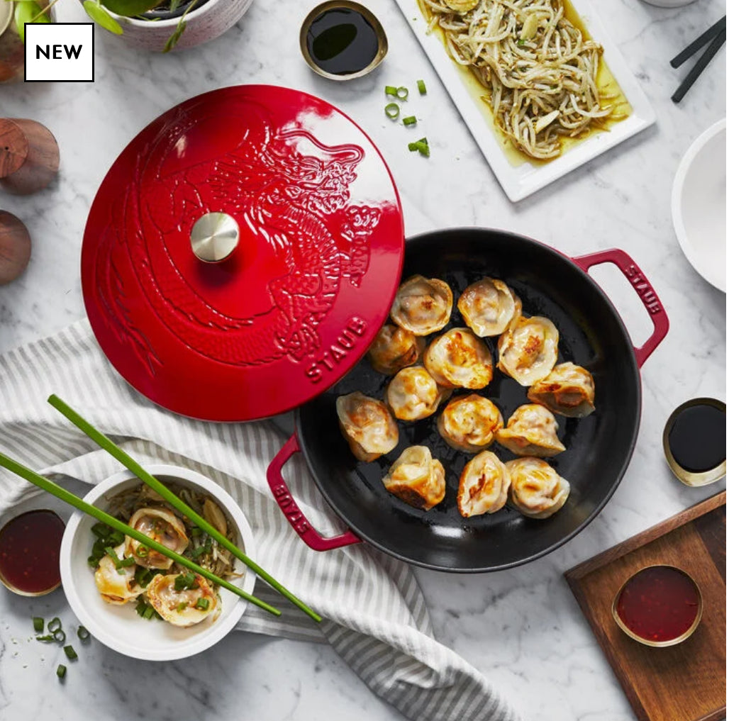 Staub Enameled Cast Iron Braiser with Dragon Lid, 2 1/2-Qt. In Cherry Red（Golden knob）