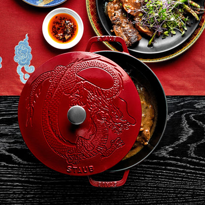 Staub Enameled Cast Iron Braiser with Dragon Lid, 2 1/2-Qt. In Cherry Red（Golden knob）