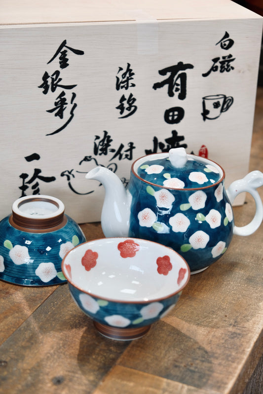 Japan Arita Ware Handmade Sakura Flower Rabbit Tea Set(Wooden box)-Blue