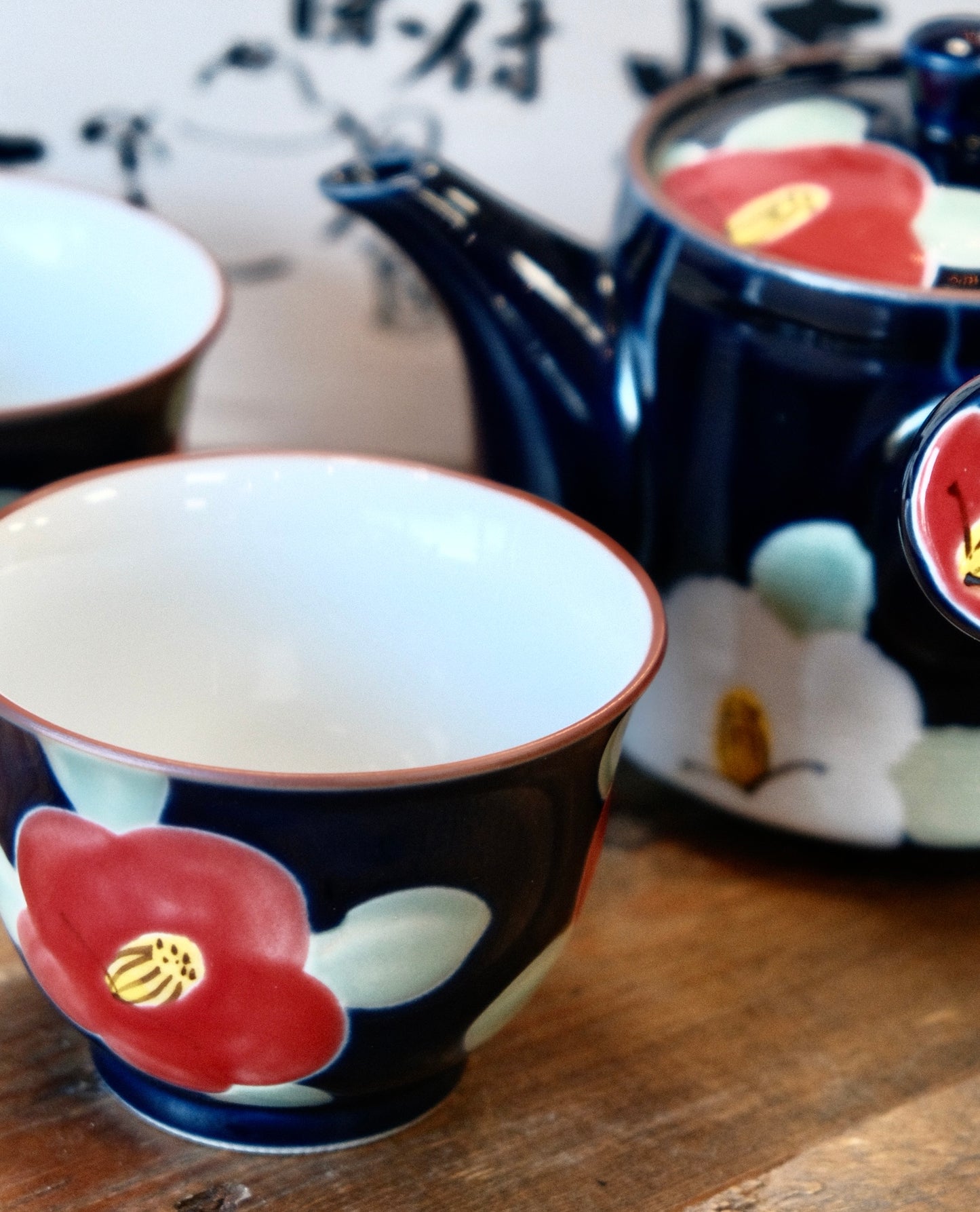 Arita Ware Handcraft Blue Red Flower Tea set (Wooden Gift Box)