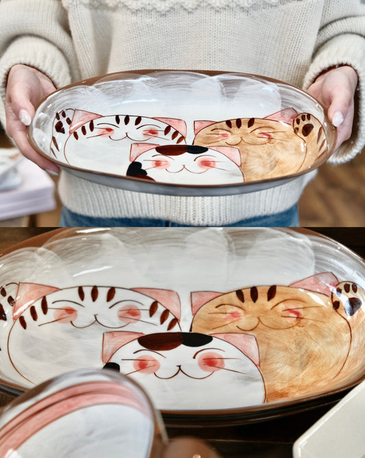 Hasami ware Handcraft Cat Oval Plate Large Size