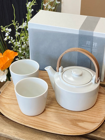 SALIU 祥SYO Earthen Teapot Japanese Tea Pot Gift Set (Silk White)