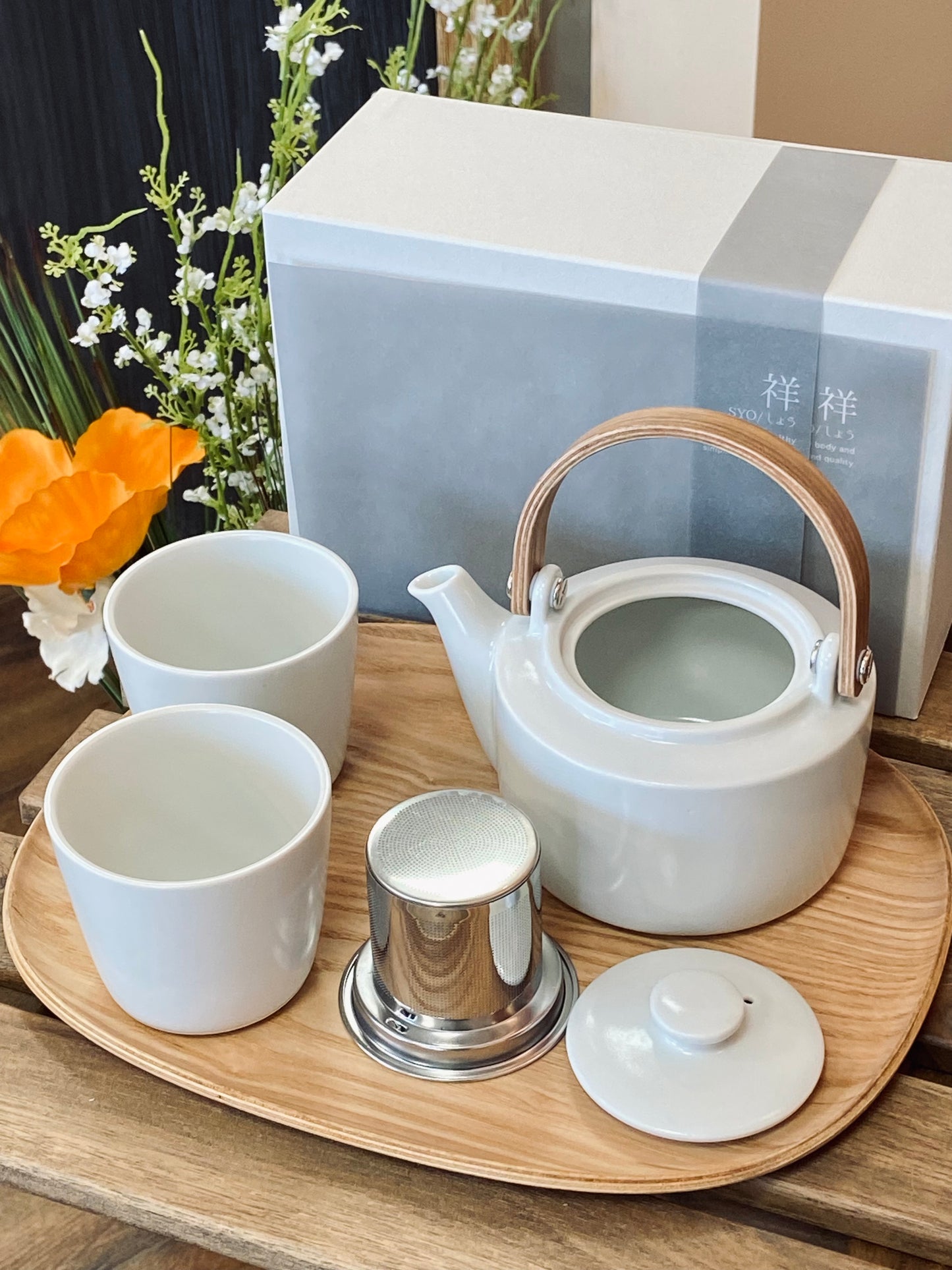 SALIU 祥SYO Earthen Teapot Japanese Tea Pot Gift Set (Silk White)