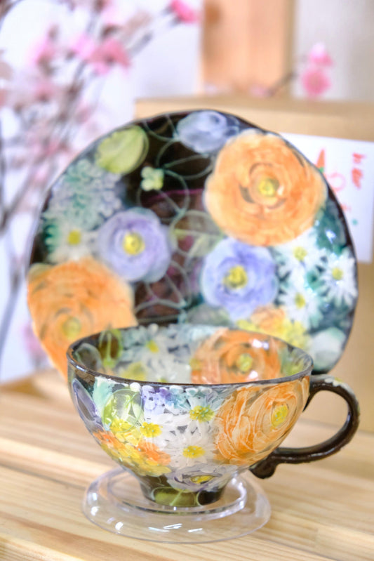 YUZURIHA FLOWER HANDMADE CERAMIC FLOWER CUP AND SAUCER (#3)