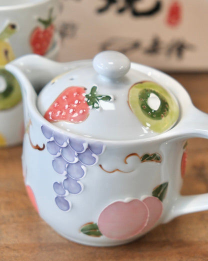 Arita Ware Japan Handmade Fruit Teapot and cup Gift Set (Wooden Gift Box)