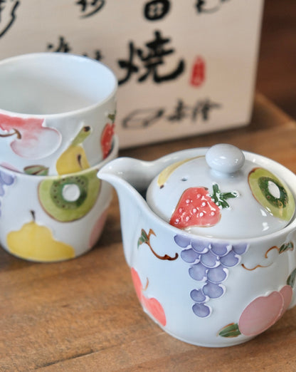 Arita Ware Japan Handmade Fruit Teapot and cup Gift Set (Wooden Gift Box)