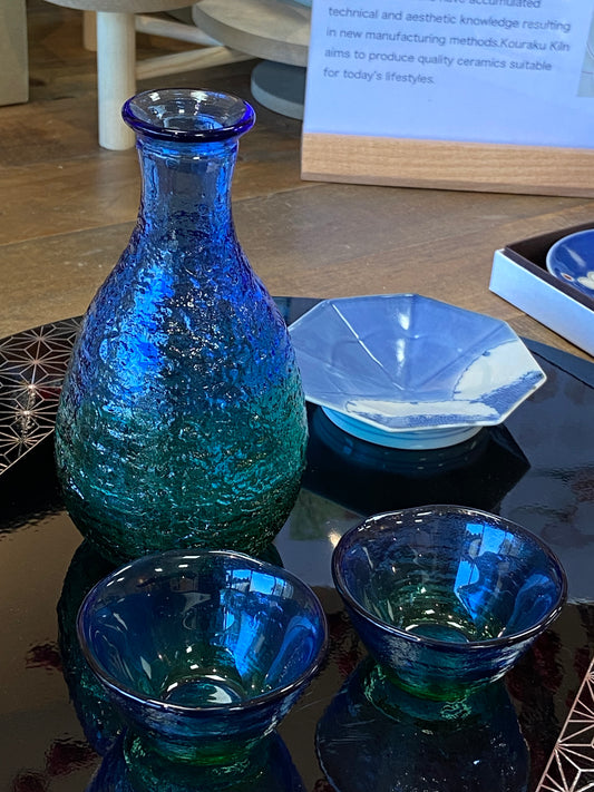 Toyo-sasaki Glass Blue Sake bottle and Cups set(Gift Box)